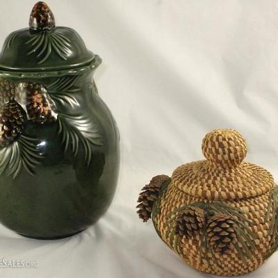Vintage Green Pine Cone Cookie Jar and Alabama Coushatta Indian Pine Needle Coil Basket with Raffia And Natural Pine Cone Applied...