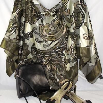 Black, Brown & Gold Silk Scarf Poncho, Small Black Shoulder Strap Handbag and a Pair of Vintage "Annie" Black Patent and...