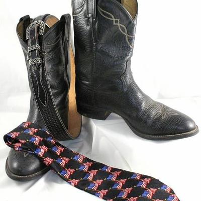 Tony Lama Short Black Leather Bull Hide Boots  shown with American Tradition American Flag Tie  Made in USA, 100% Silk
