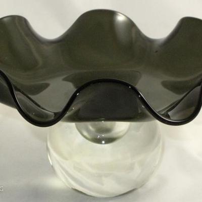 Art Glass Black Ruffled Edge Pedestal Bowl on a Clear Crystal Solid Base 