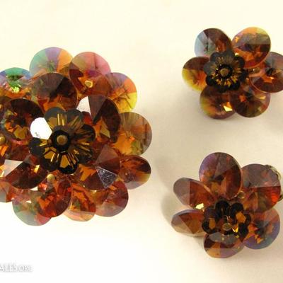 Vintage Amber Rivoli Crystal Cluster Brooch with Matching Clip Earrings