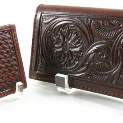 Double J Saddlery Yoakum, Texas Tooled Leather Folding Money Clip with ID/Credit Card Pocket and a Tooled Leather Checkbook Wallet