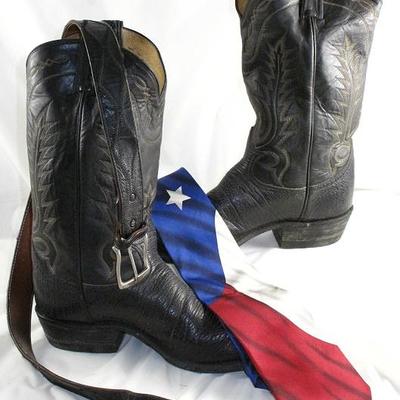 Tony Lama Black Bull Hide Vamp Fancy Stitched Upper Boots and Black Leather Diamond Stitched Belt shown with Tango 