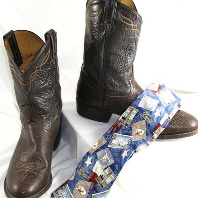Tony Lama Short Brown Leather Bull Hide Boots & Tango All Silk Texas Postcard Tie