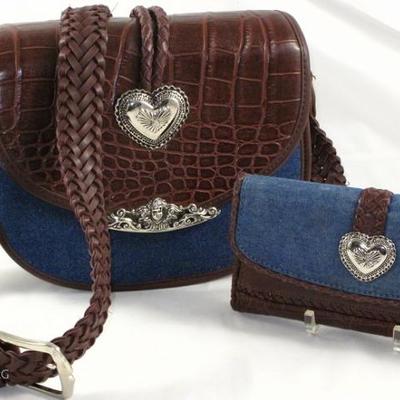 Brighton Style Denim and Alligator Embossed Vinyl Handbag and Checkbook Style Wallet