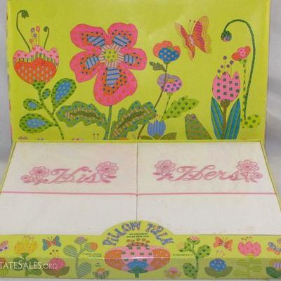 Pair Pink Embroidery "His" & "Hers" Pillow Cases, Barth & Dreyfuss of California Mid-Century "Pillow...