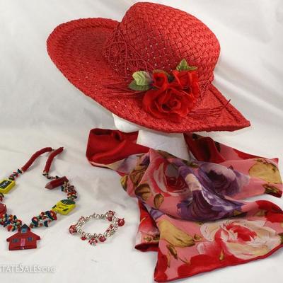 Great Vintage Red Straw Hat and an Echo Silk Floral/Red Linde Rectangular Scarf