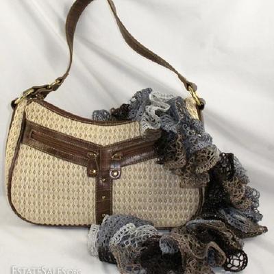 Brown Trim Beige Monogram Print Handbag and a Variegated Fishnet Ruffled Neck Scarf