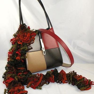 Black, Red & Tan Block Designed Handbag with a Multi Fall Color Ruffle Fishnet Knit Scarf