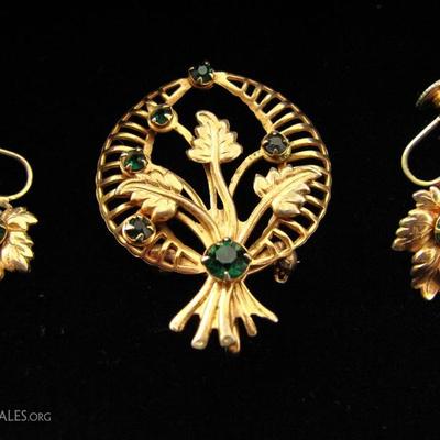 Gold Tone Vintage Brooch with Matching Screwback Earrings with Green Rhinestones.