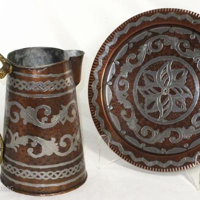 Engraved Copper Finish Tray and Pitcher, made in Greece.