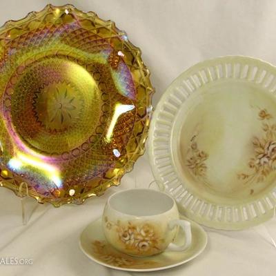 Hand Painted Roses Signed Open Edge Salad Plate with Cup & Saucer and Indiana Glass "Diamond Point" Amber Carnival Glass...