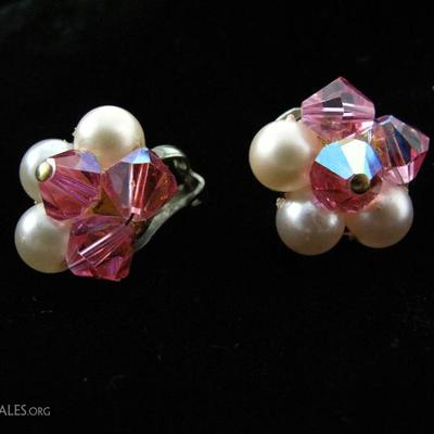 Pink Crystals & Pearls Clip Earrings