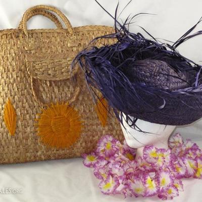 Vintage Natural Straw Handbag, Purple Straw Hat and a Silk Floral Lei
