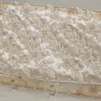 White Satin Beaded Evening Bag, handmade in Hong Kong. cc. 1950-60's