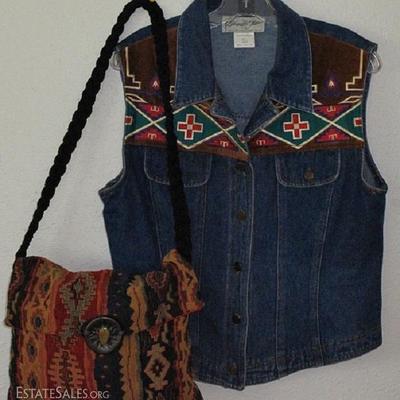 Southwest Print Tapestry Handbag with Large Button Closure and a "Panhandler Slim" Jeans Vest with a Southwest Embroidered...