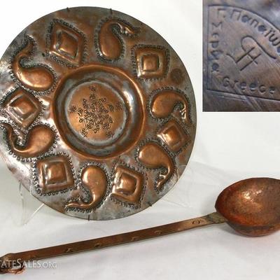 Signed Embossed Design Plate shown with a Large Copper Ladle, made in Greece.
