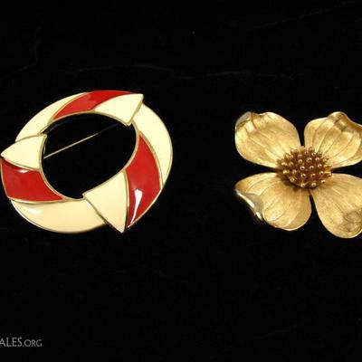 Trifari Vintage Brooches:  Red and White Enameled Circle and Brushed and Smooth Gold Tone Dogwood Flower Blossom Pin 