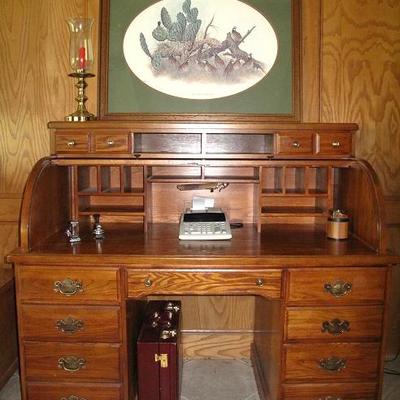 Great Vintage Roll Top Oak Desk = Open View