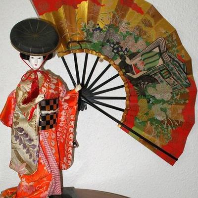 Vintage Geisha Doll with Hand Painted Hand Fan  
