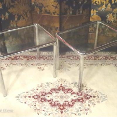 PAIR CHROME AND GLASS TABLES