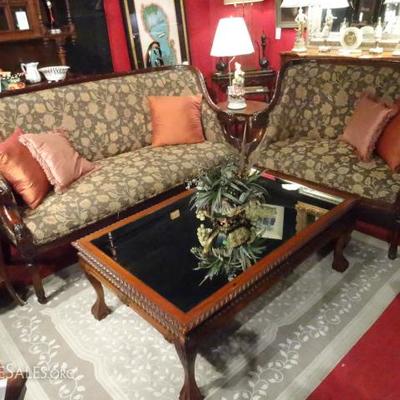 2 PIECE SET FRENCH EMPIRE SOFA AND LOVESEAT WITH CARVED RAM'S HEAD ARMS
