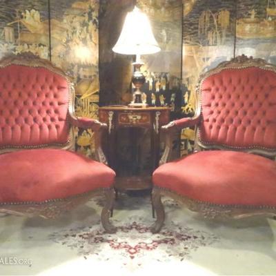 PAIR LOUIS XV STYLE RED VELVET ARMCHAIRS, A THIRD SINGLE MATCHING CHAIR SOLD SEPARATELY