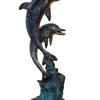 LARGE PATINATED BRONZE SCULPTURE, DOLPHINS, AT UP TO 75% OFF GALLERY PRICES!  THIS ONE IS ALSO PLUMBED FOR OPTIONAL USE AS A FOUNTAIN