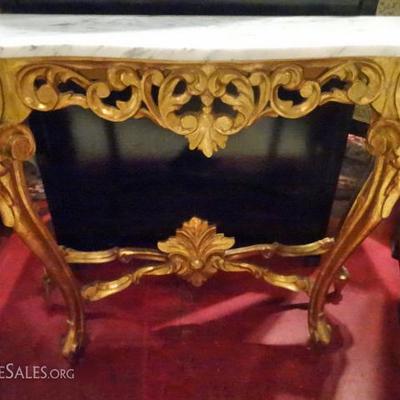 LOUIS XV STYLE GOLD GILT CONSOLE TABLE WITH MARBLE TOP