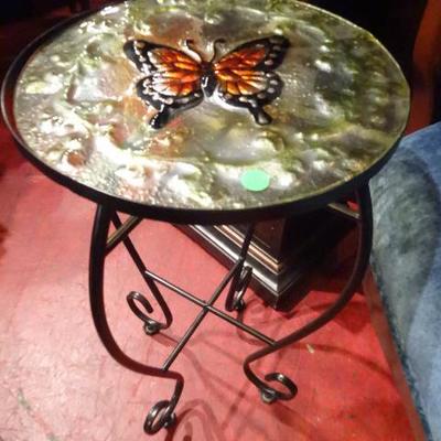 STAINED GLASS TOP TABLE WITH METAL BASE