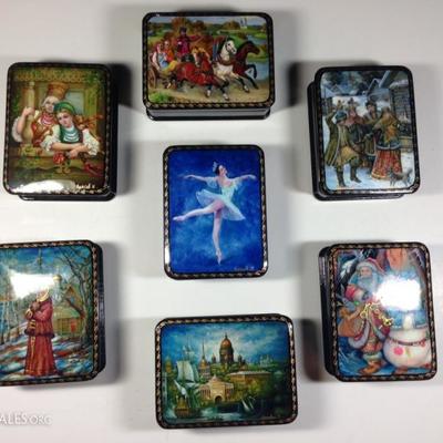 SET OF 7 HAND PAINTED RUSSIAN LACQUER BOXES, SIGNED BY ARTIST - TWO SETS OF 7 AVAILABLE