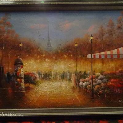 OIL PAINTING ON CANVAS, PARIS SCENE WITH EIFFEL TOWER