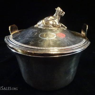 CHRISTOFLE FRANCE SILVER PLATED CHEESE OR BUTTER BOWL WITH LID AND GOAT FINIAL