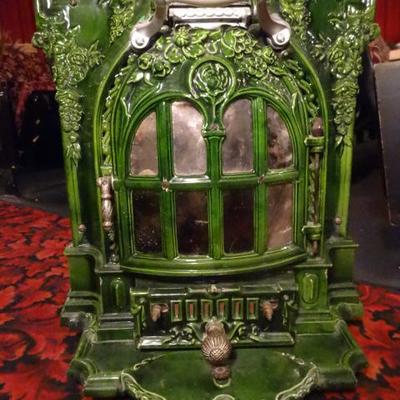 ANTIQUE FRENCH CAST IRON COAL STOVE IN GREEN ENAMEL