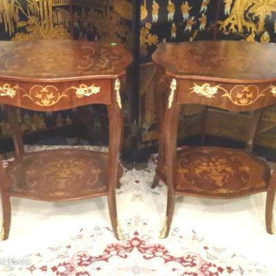 PAIR LOUIS XV STYLE MARQUETRY TABLES WITH GILT METAL MOUNTS AND INTRICATE INLAY