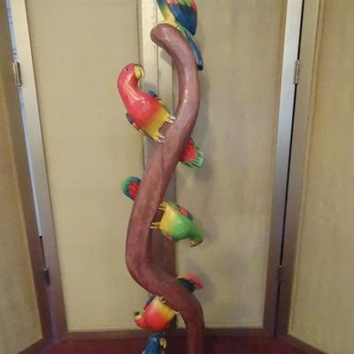 LARGE 5 FT WOOD SCULPTURE OF 5 PARROTS ON A BRANCH