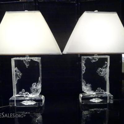 PAIR LARGE LUCITE TABLE LAMPS, ICE MOTIF