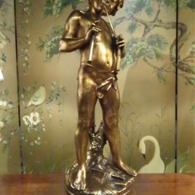 LARGE GILT BRONZE SCULPTURE, BOY WITH FLUTES, IN THE STYLE OF MOREAU