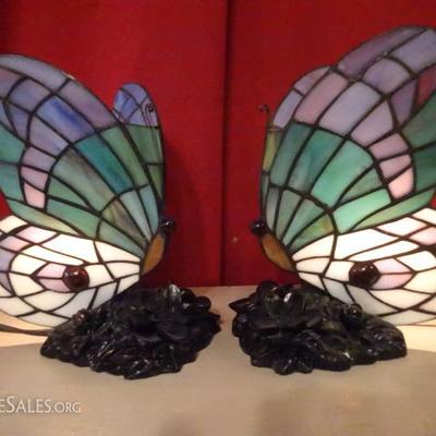 PAIR TIFFANY STYLE STAINED GLASS BUTTERFLY LAMPS