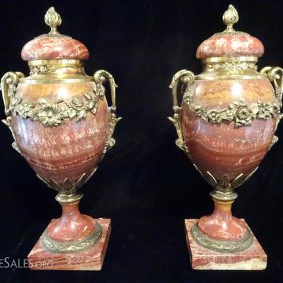 PAIR MARBLE AND GILT BRONZE URNS