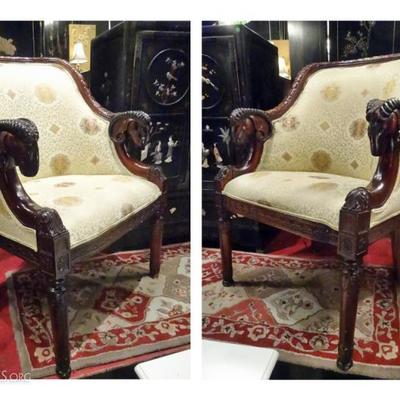 PAIR FRENCH EMPIRE STYLE ARMCHAIRS WITH RAM'S HEAD ARMS