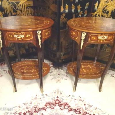 PAIR LOUIS XV STYLE MARQUETRY TABLES WITH GILT METAL MOUNTS AND INTRICATE INLAY