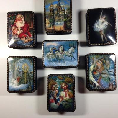 SET OF 7 HAND PAINTED RUSSIAN LACQUER BOXES, SIGNED BY ARTIST - TWO SETS OF 7 AVAILABLE