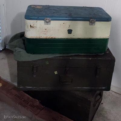 Vintage Thermos Metal Cooler and 2 World War II Military Trunks