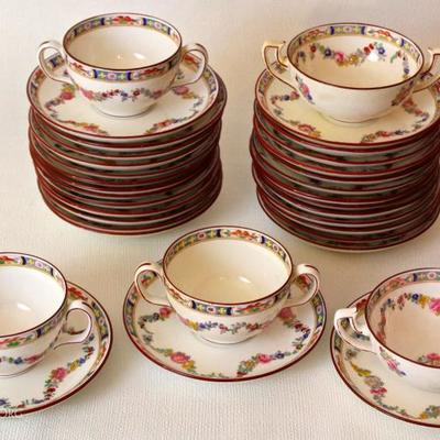 Minton Rose, old pattern, saucers with coffee cups, round handle bouillon cups, & pointed handle bouillon cups