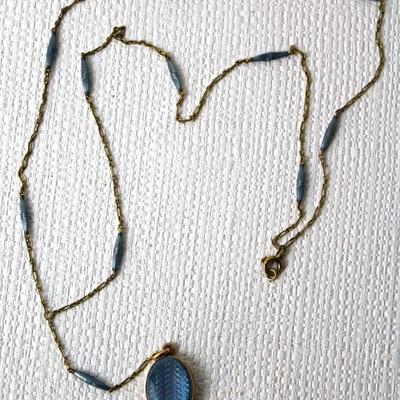 c. 1920 enamel and gold necklace with locket, enameled on one side, engraved on the other