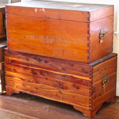 dovetailed wood chests, including cedar, with brass handles