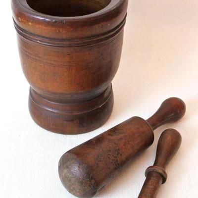 antique wood mortar & two pestles