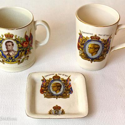 souvenir mugs and dish commemorating the coronation of Edward VIII on May 12, 1037