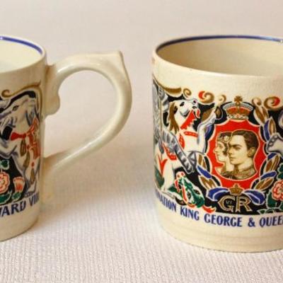 souvenir mugs commemorating the coronations of Edward VIII and George VI and Queen Mary